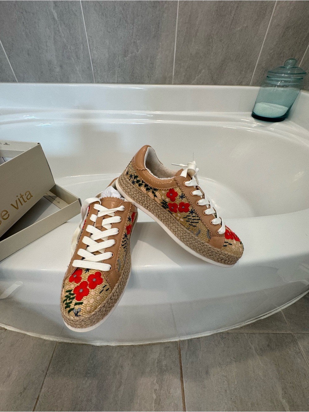 Dolce Vita Tan Woven Sneakers with Red Floral Embroidery